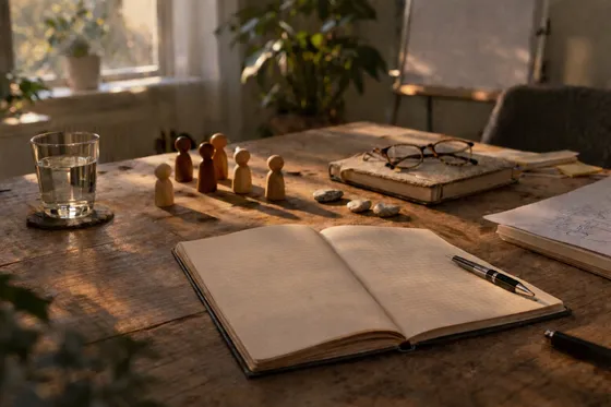 Holztisch mit Notizbuch und systemischen Figuren